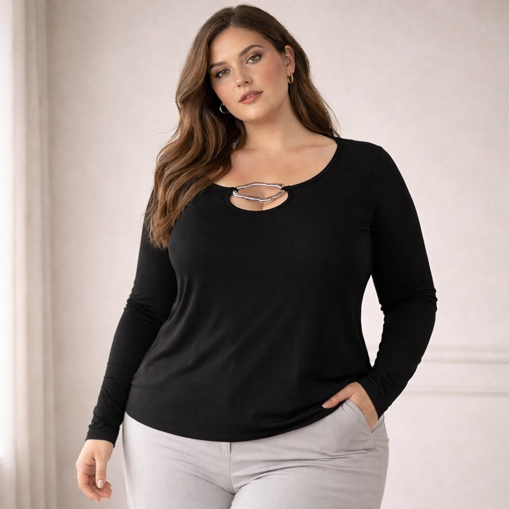 Black Long SleeveTop Womens 1X Hardware Neck Top Stretch Minimalist Chic Artsy